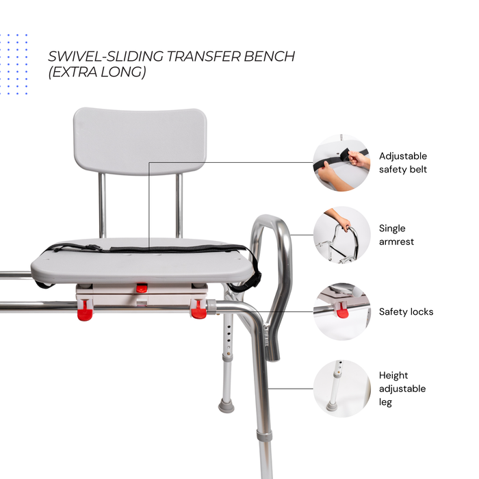 Eagle Health Supplies Sliding Tub Transfer Bench with Swivel Seat, Extra Long, (77692)