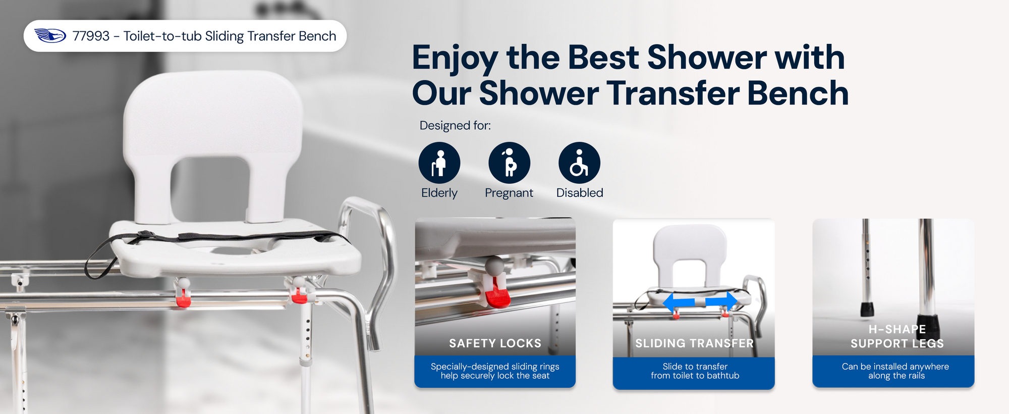 Eagle Health 77993 extra-long sliding transfer bench designed for transferring from toilet to bathtub