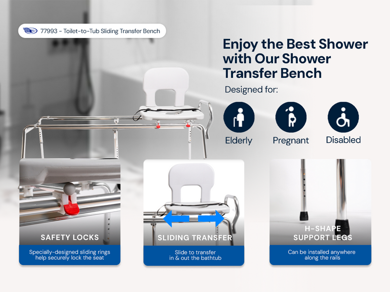 Eagle Health 77993 extra-long sliding transfer bench designed for transferring from toilet to bathtub