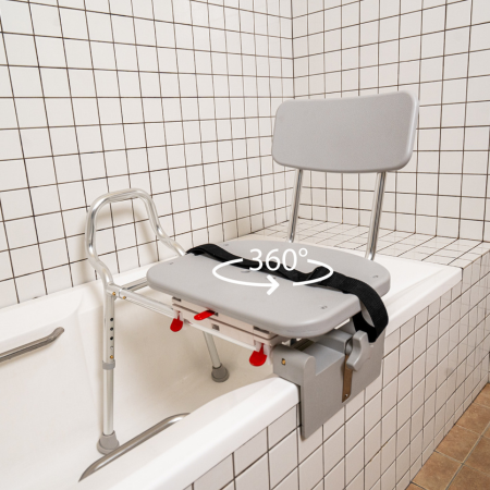 Tub-mount shower transfer bench with 360-degree swivel seat securely installed on bathtub edge