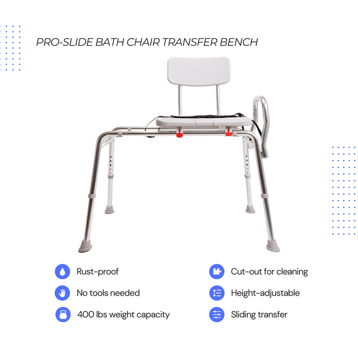 Eagle Health Supplies Sliding Tub Transfer Bench with Cut-Out seat - Pro-Slide series (70311)