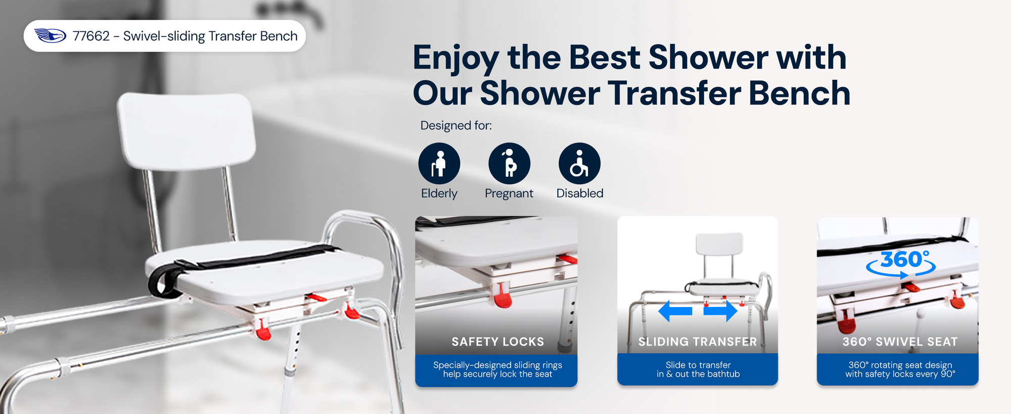 Swivel-sliding shower transfer bench model 77662 with safety locks, 360° swivel seat, and sliding transfer feature, designed for elderly, pregnant, and disabled users