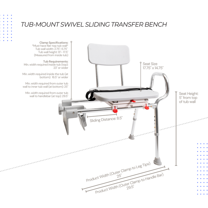 Eagle Health Supplies Tub-Mount Sliding Tub Transfer Bench with Swivel Seat (77762)