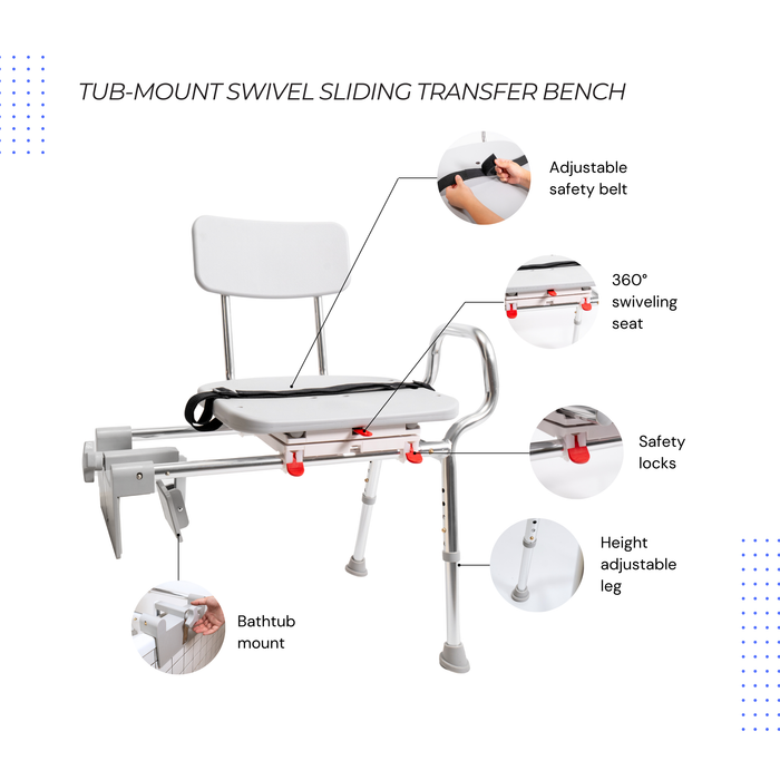 Eagle Health Supplies Tub-Mount Sliding Tub Transfer Bench with Swivel Seat (77762)