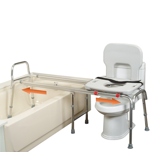 A sliding tub transfer bench is shown with an arrow indicating the direction of sliding, placed next to a toilet, demonstrating its use or installation.