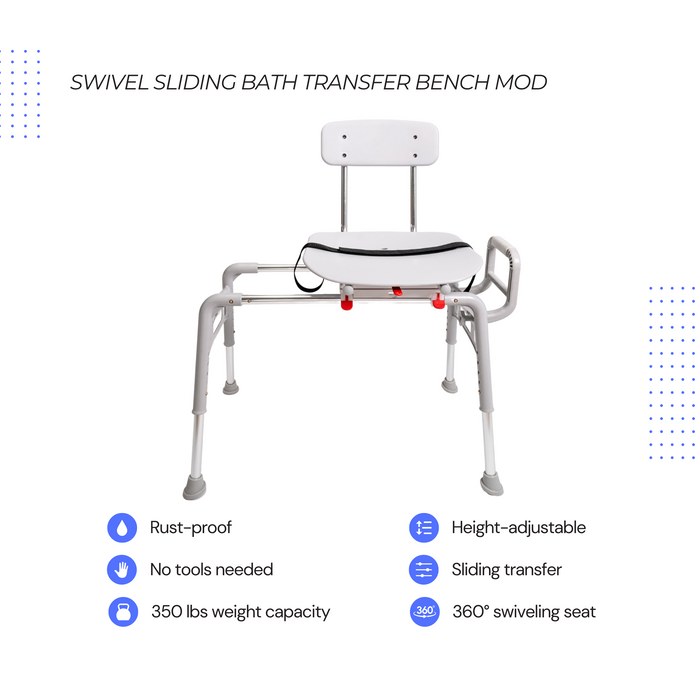 Eagle Health Sliding Transfer Bench For Bathtub - Adjustable Height, 400 Lb Capacity, Tool-Free Assembly (Regular Size)