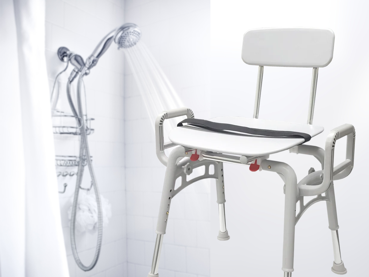 Adjustable shower chair with backrest and sliding feature for stable seated bathing