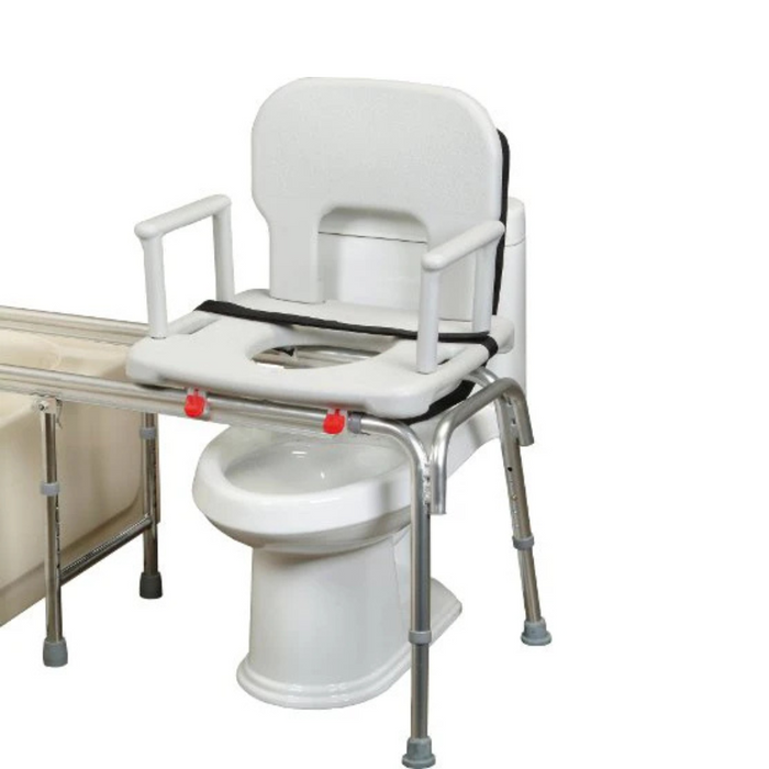Armrest set installed on Eagle Health toilet-to-tub sliding transfer bench, model 71002, positioned over a toilet for added bathing support.