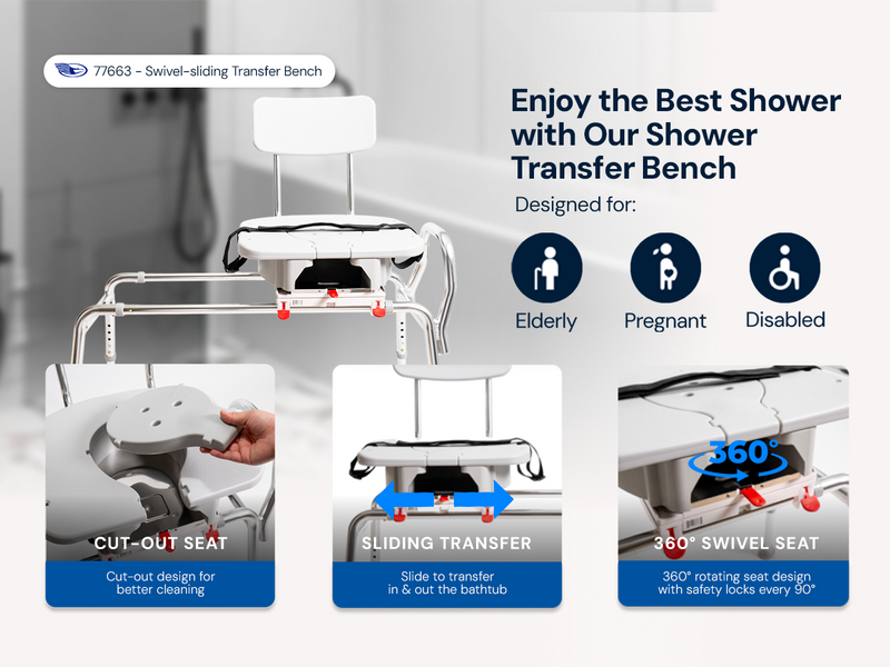 Eagle Health Supplies Pro-Slide Shower Chair & Tub Transfer Bench With Cut Out, Height Adjustable, Heavy-Duty Capacity Up To 400 LBs, For Safety Shower, For Elderly & Disabled (70311