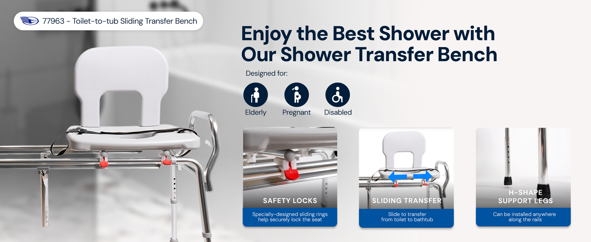 Model 77963 toilet-to-tub sliding transfer bench with H-shape support legs, sliding transfer function, and safety locks for elderly and disabled users