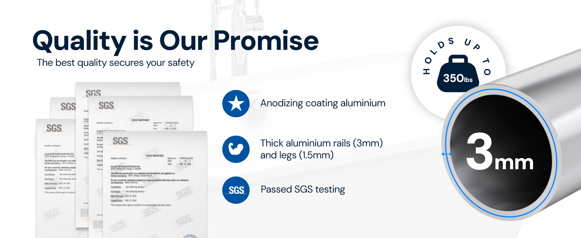 Aluminum toilet-to-tub sliding transfer bench rated for up to 350 lbs with anodized coating, SGS certification, and thick 3mm frame construction