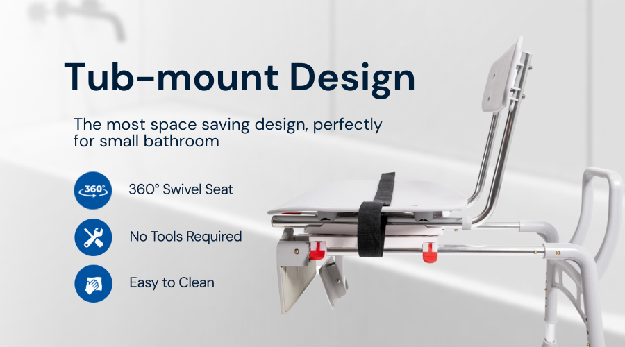 Tub-mount transfer bench with 360° swivel seat, no-tool setup, and easy-to-clean surface for small bathrooms
